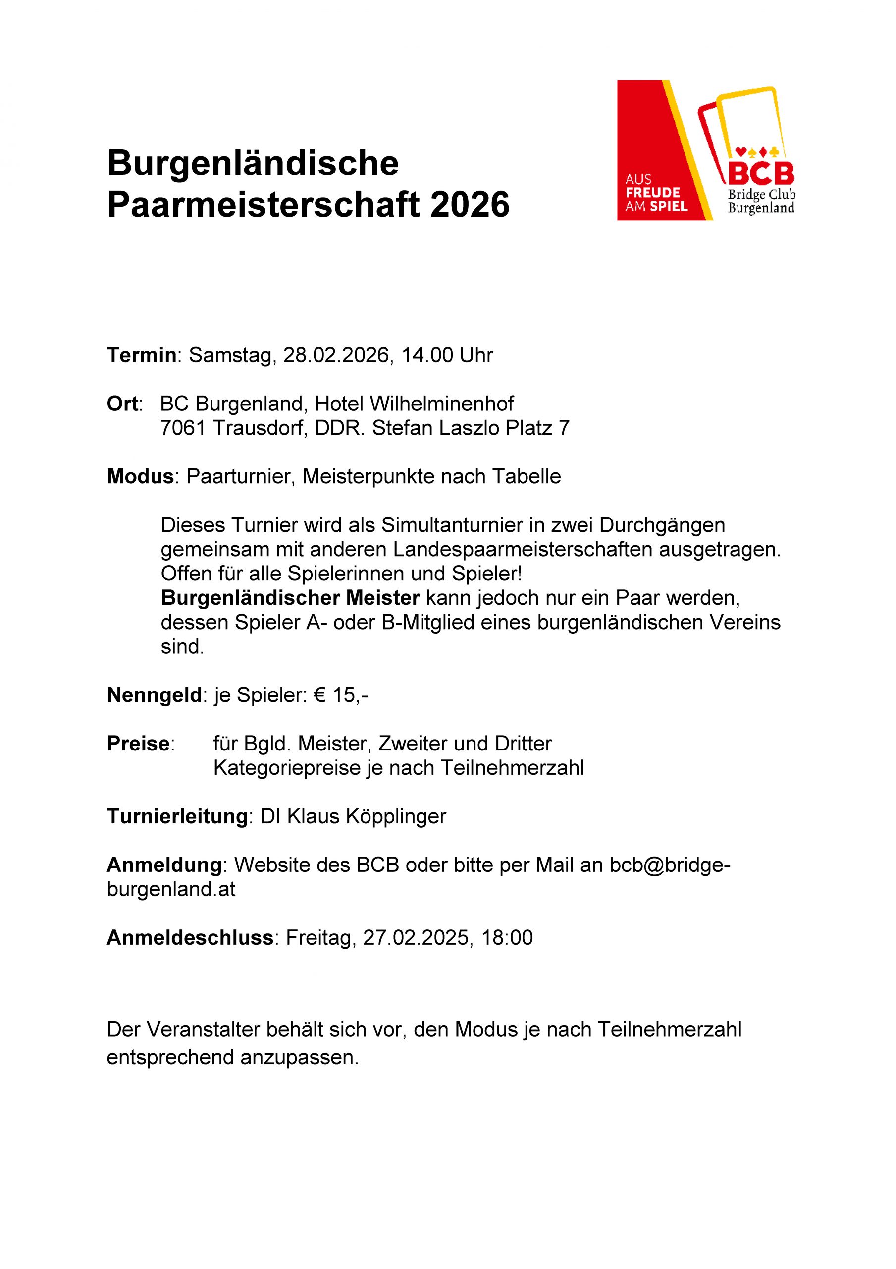 Ausschreibung Burgenland Landespaarmeisterschaft 280226